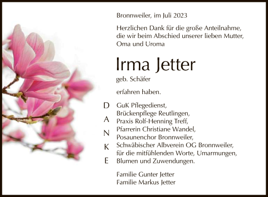 Anzeige von Irma Jetter von Reutlinger General-Anzeiger