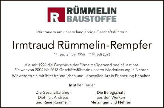 Anzeige von Irmtraud Rümmelin-Rempfer von Reutlinger General-Anzeiger