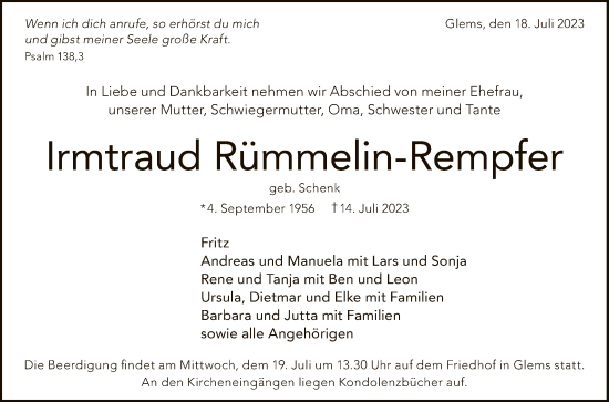 Anzeige von Irmtraud Rümmelin-Rempfer von Reutlinger General-Anzeiger