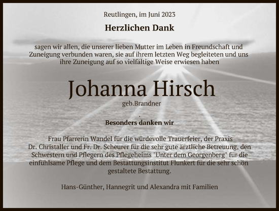 Anzeige von Johanna Hirsch von Reutlinger General-Anzeiger