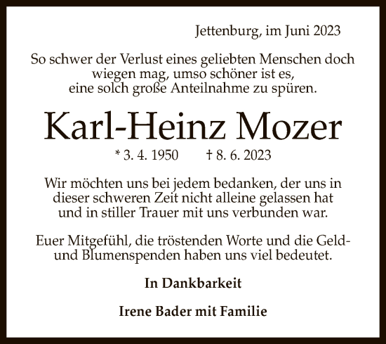 Anzeige von Karl-Heinz Mozer von Reutlinger General-Anzeiger