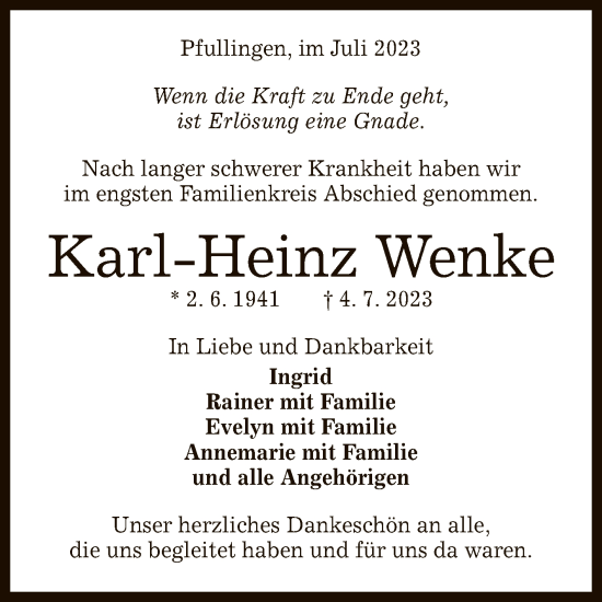 Anzeige von Karl-Heinz Wenke von Reutlinger General-Anzeiger