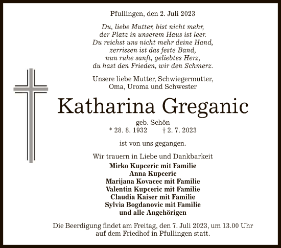 Anzeige von Katharina Greganic von Reutlinger General-Anzeiger