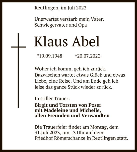 Anzeige von Klaus Abel von Reutlinger General-Anzeiger