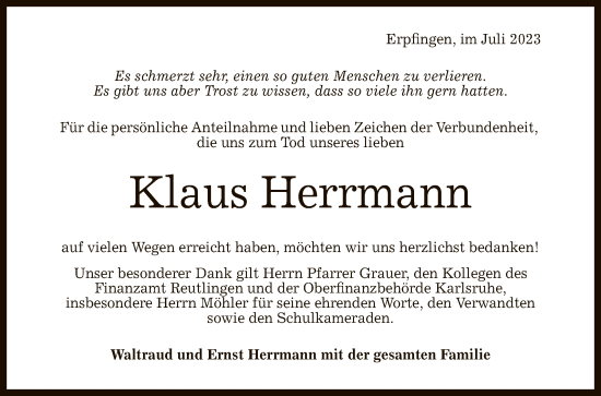 Anzeige von Klaus Herrmann von Reutlinger General-Anzeiger