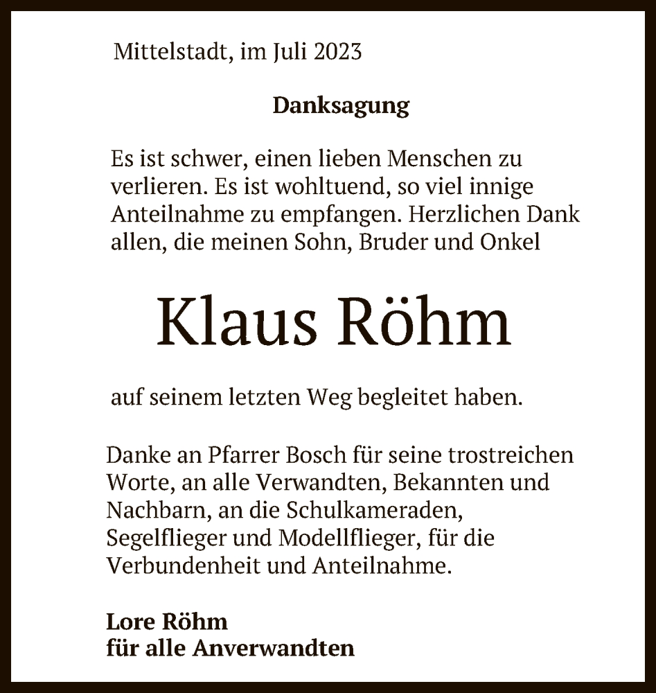  Traueranzeige für Klaus Röhm vom 19.07.2023 aus Reutlinger General-Anzeiger