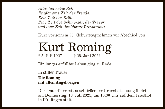 Anzeige von Kurt Roming von Reutlinger General-Anzeiger