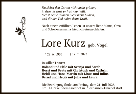 Anzeige von Lore Kurz von Reutlinger General-Anzeiger