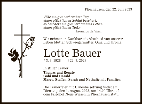 Anzeige von Lotte Bauer von Reutlinger General-Anzeiger