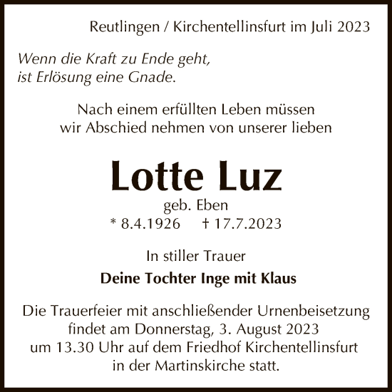 Anzeige von Lotte Luz von Reutlinger General-Anzeiger