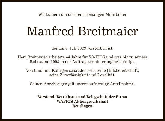 Anzeige von Manfred Breitmaier von Reutlinger General-Anzeiger