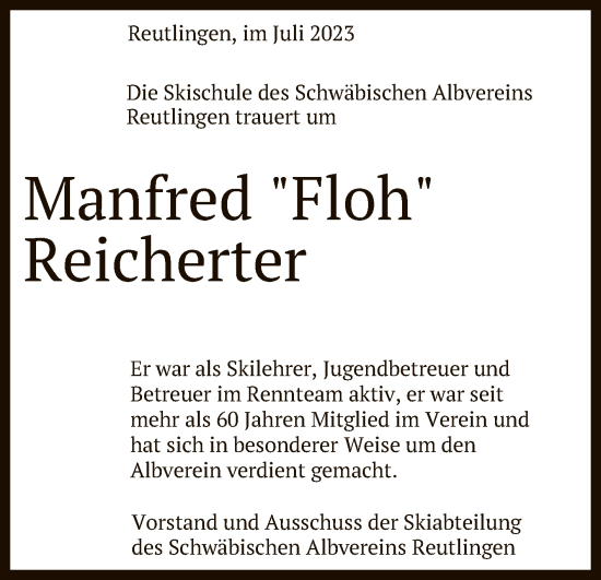 Anzeige von Manfred Reicherter von Reutlinger General-Anzeiger