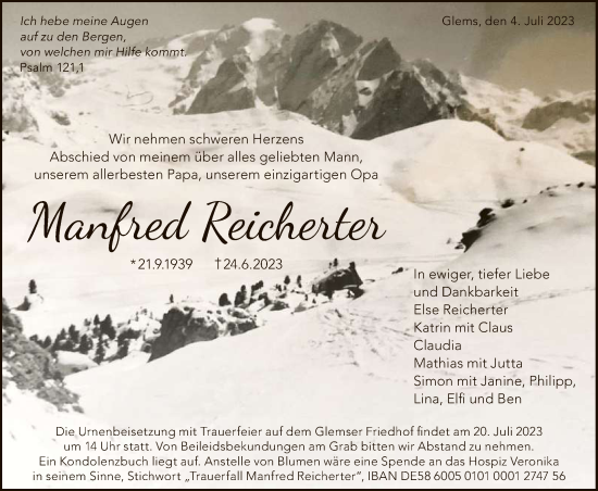 Anzeige von Manfred Reicherter von Reutlinger General-Anzeiger