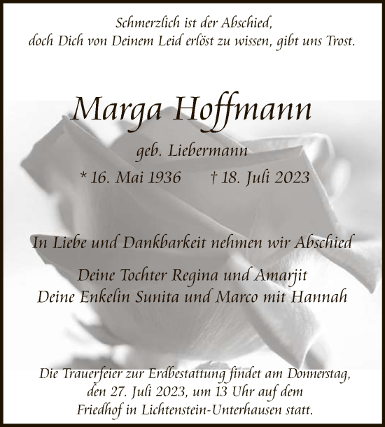 Anzeige von Marga Hoffmann von Reutlinger General-Anzeiger