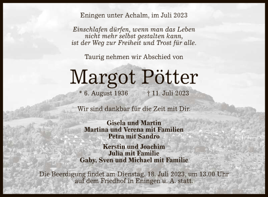 Anzeige von Margot Pötter von Reutlinger General-Anzeiger
