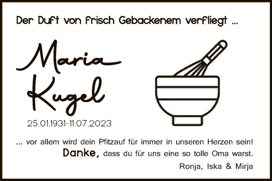 Anzeige von Maria Kugel von Reutlinger General-Anzeiger