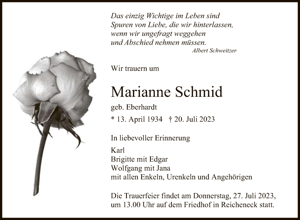  Traueranzeige für Marianne Schmid vom 26.07.2023 aus Reutlinger General-Anzeiger