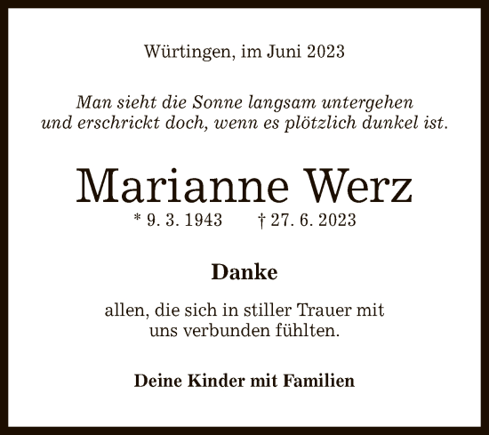 Anzeige von Marianne Werz von Reutlinger General-Anzeiger