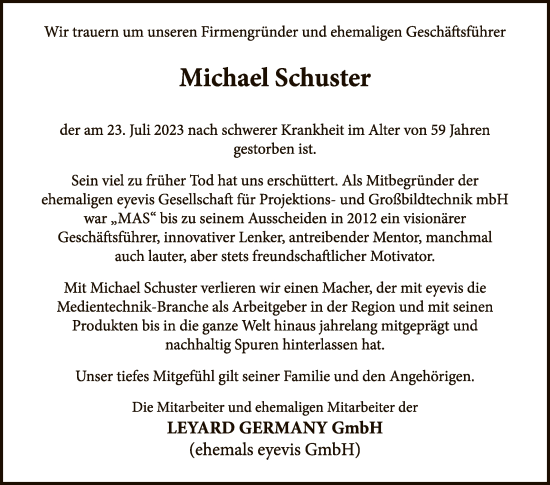 Anzeige von Michael Schuster von Reutlinger General-Anzeiger