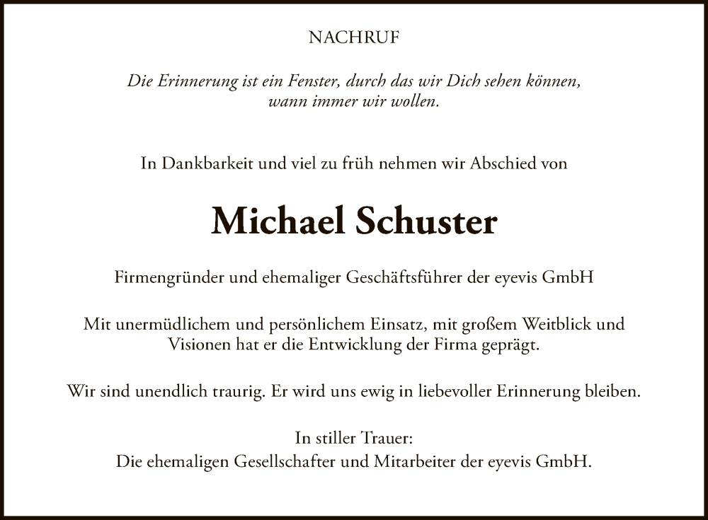  Traueranzeige für Michael Schuster vom 29.07.2023 aus Reutlinger General-Anzeiger