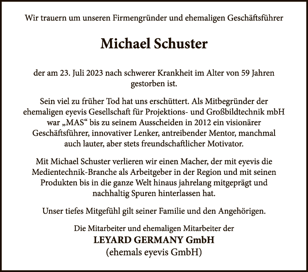  Traueranzeige für Michael Schuster vom 29.07.2023 aus Reutlinger General-Anzeiger