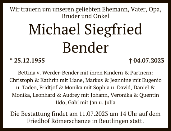 Anzeige von Michael Siegfried Bender von Reutlinger General-Anzeiger