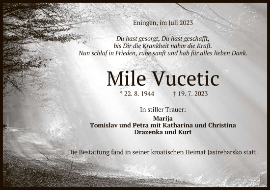 Anzeige von Mile Vucetic von Reutlinger General-Anzeiger