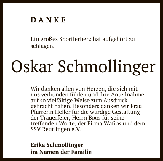 Anzeige von Oskar Schmollinger von Reutlinger General-Anzeiger