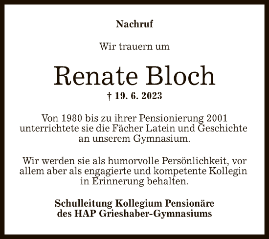 Anzeige von Renate Bloch von Reutlinger General-Anzeiger
