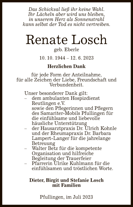 Anzeige von Renate Losch von Reutlinger General-Anzeiger