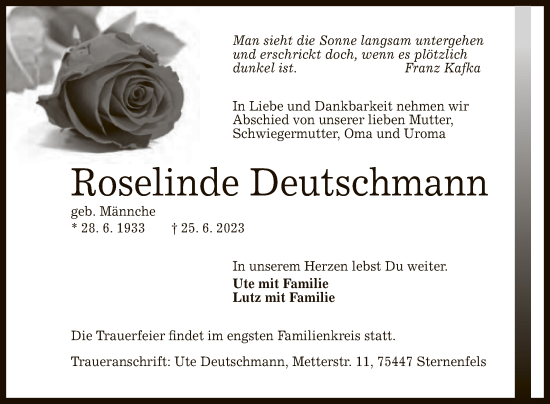 Anzeige von Roselinde Deutschmann von Reutlinger General-Anzeiger