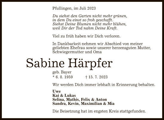 Anzeige von Sabine Härpfer von Reutlinger General-Anzeiger