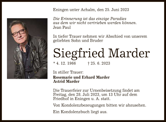 Anzeige von Siegfried Marder von Reutlinger General-Anzeiger