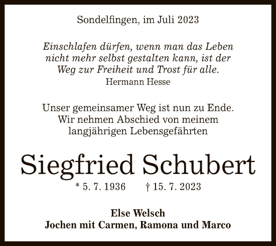 Anzeige von Siegfried Schubert von Reutlinger General-Anzeiger