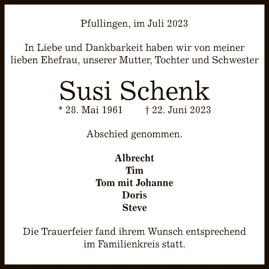 Anzeige von Susi Schenk von Reutlinger General-Anzeiger
