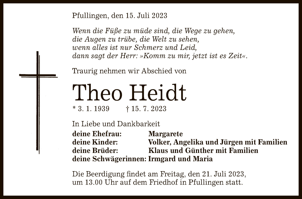  Traueranzeige für Theo Heidt vom 18.07.2023 aus Reutlinger General-Anzeiger