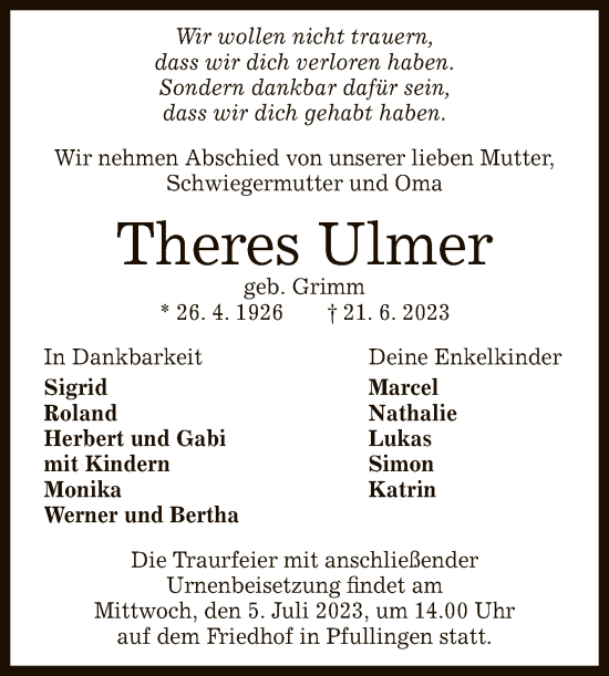 Anzeige von Theres Ulmer von Reutlinger General-Anzeiger
