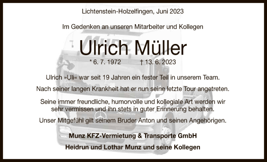 Anzeige von Ulrich Müller von Reutlinger General-Anzeiger