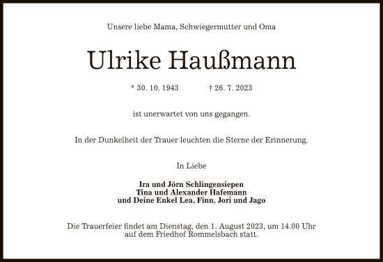 Anzeige von Ulrike Haußmann von Reutlinger General-Anzeiger