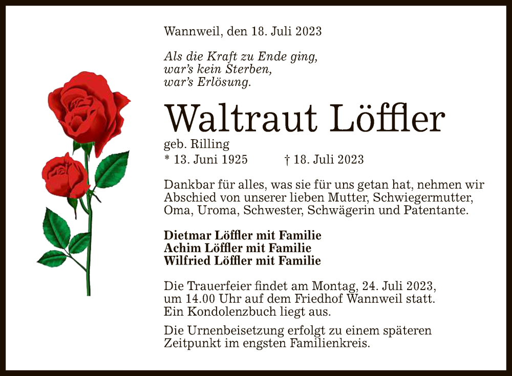  Traueranzeige für Waltraut Löffler vom 21.07.2023 aus Reutlinger General-Anzeiger
