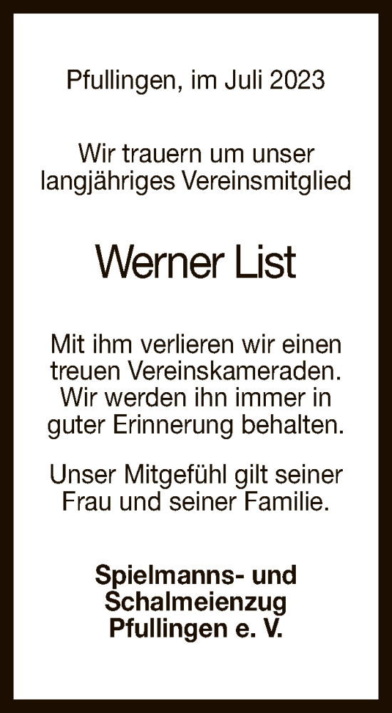 Anzeige von Werner List von Reutlinger General-Anzeiger