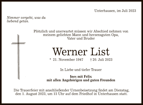 Anzeige von Werner List von Reutlinger General-Anzeiger