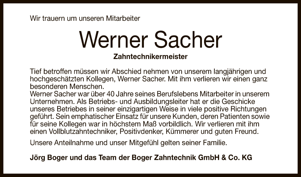  Traueranzeige für Werner Sacher vom 15.07.2023 aus Reutlinger General-Anzeiger