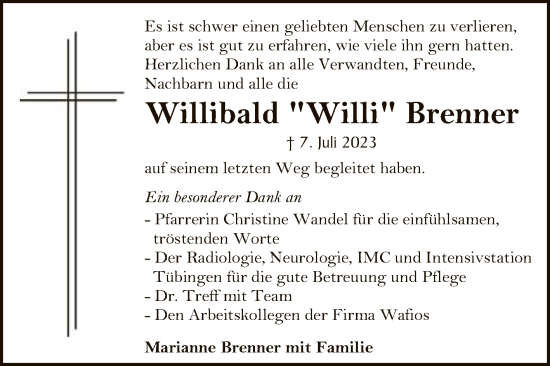 Anzeige von Willibald Brenner von Reutlinger General-Anzeiger