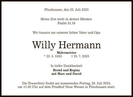 Anzeige von Willy Hermann von Reutlinger General-Anzeiger