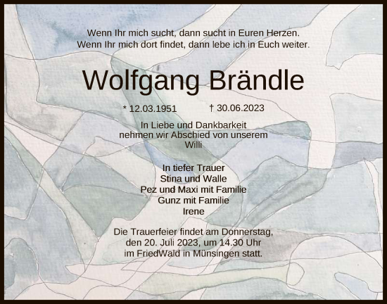 Anzeige von Wolfgang Brändle von Reutlinger General-Anzeiger
