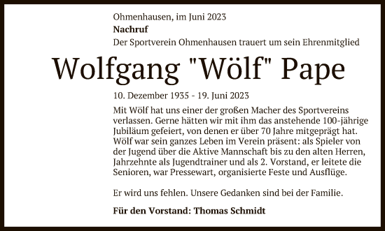 Anzeige von Wolfgang  Pape von Reutlinger General-Anzeiger