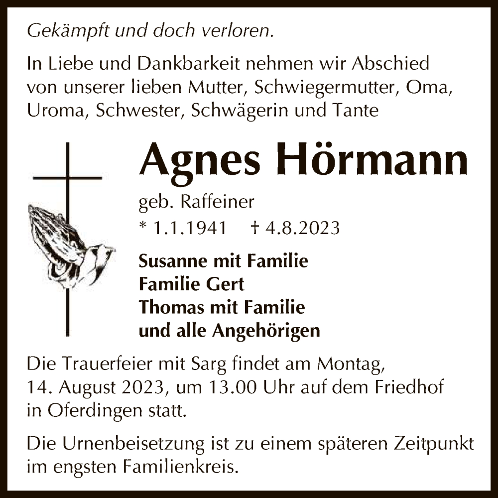 Traueranzeige für Agnes Hörmann vom 11.08.2023 aus Reutlinger General-Anzeiger