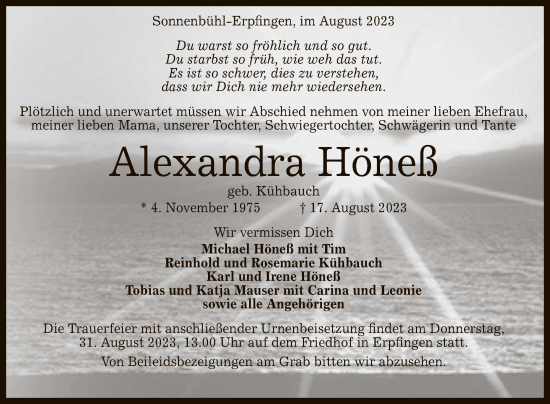 Anzeige von Alexandra Höneß von Reutlinger General-Anzeiger