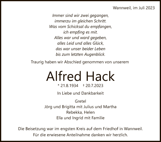 Anzeige von Alfred Hack von Reutlinger General-Anzeiger